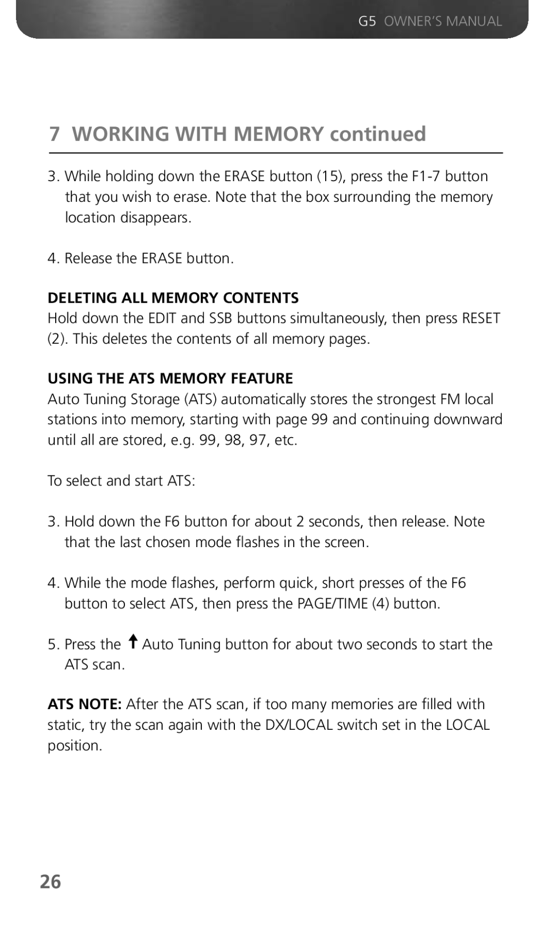 Eton G5 owner manual Deleting ALL Memory Contents, Using the ATS Memory Feature 