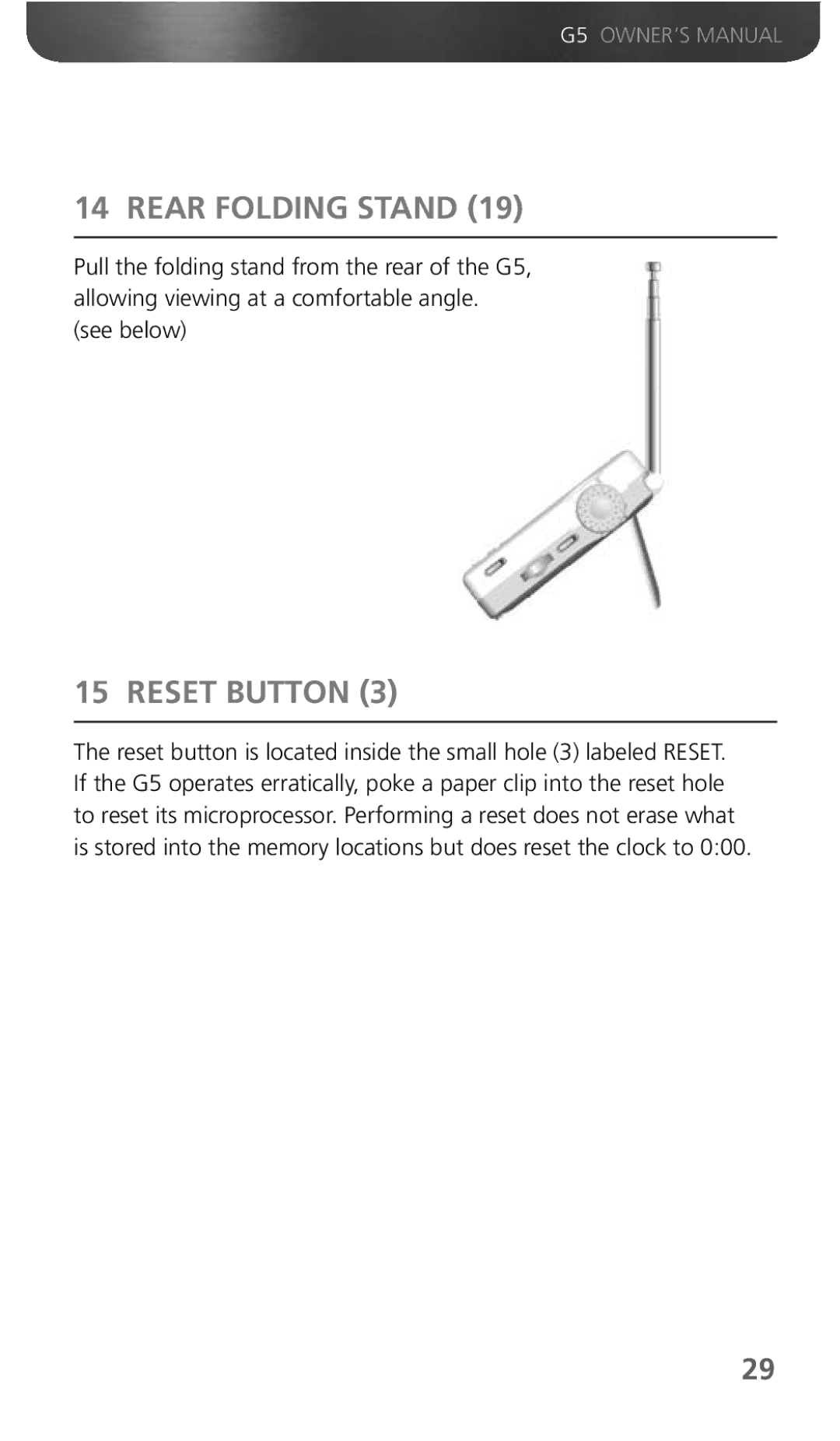 Eton G5 owner manual Rear Folding Stand, Reset Button 