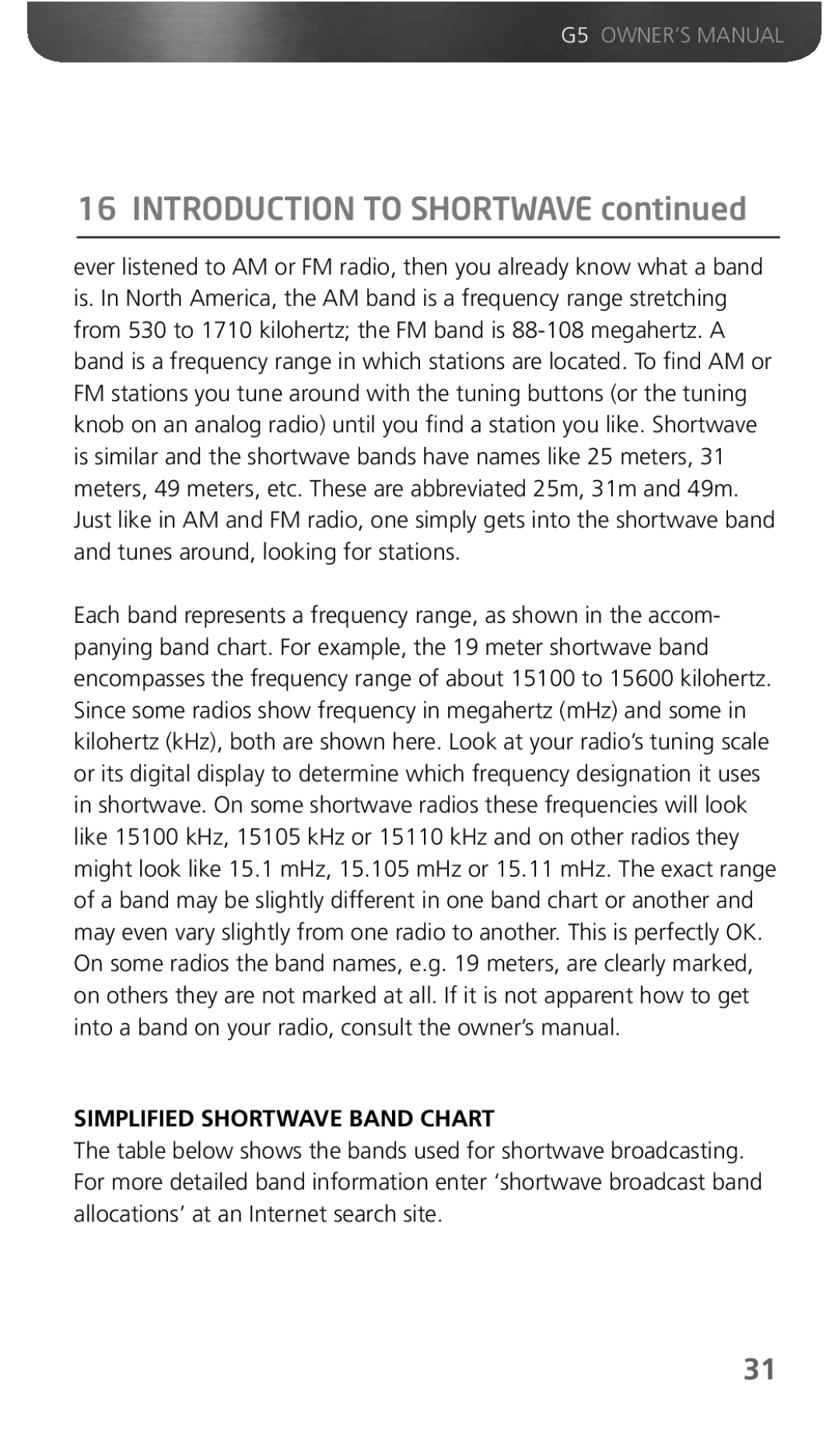 Eton G5 owner manual Introduction to Shortwave, Simplified Shortwave Band Chart 