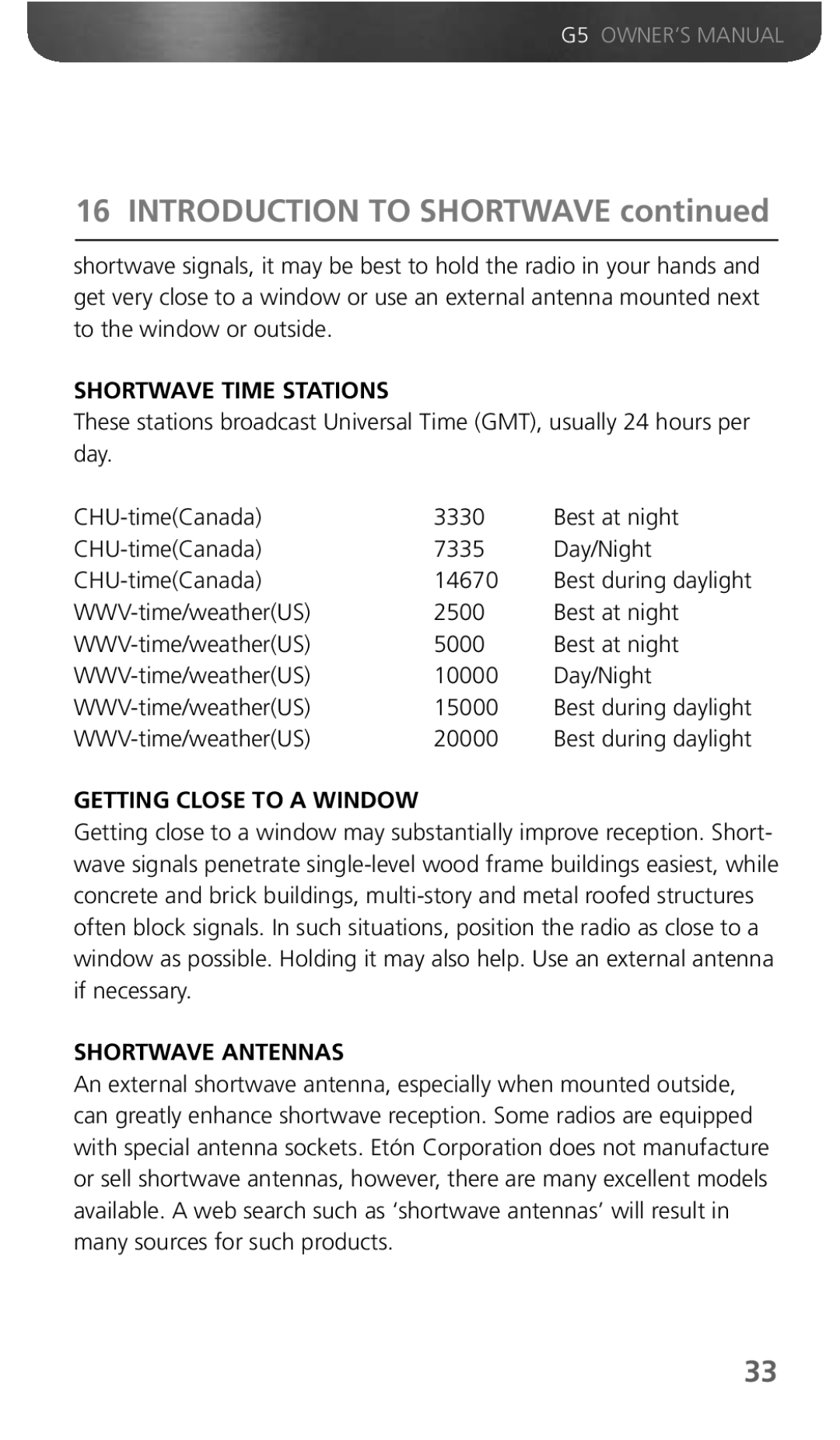 Eton G5 owner manual Shortwave Time Stations, Getting Close to a Window, Shortwave Antennas 