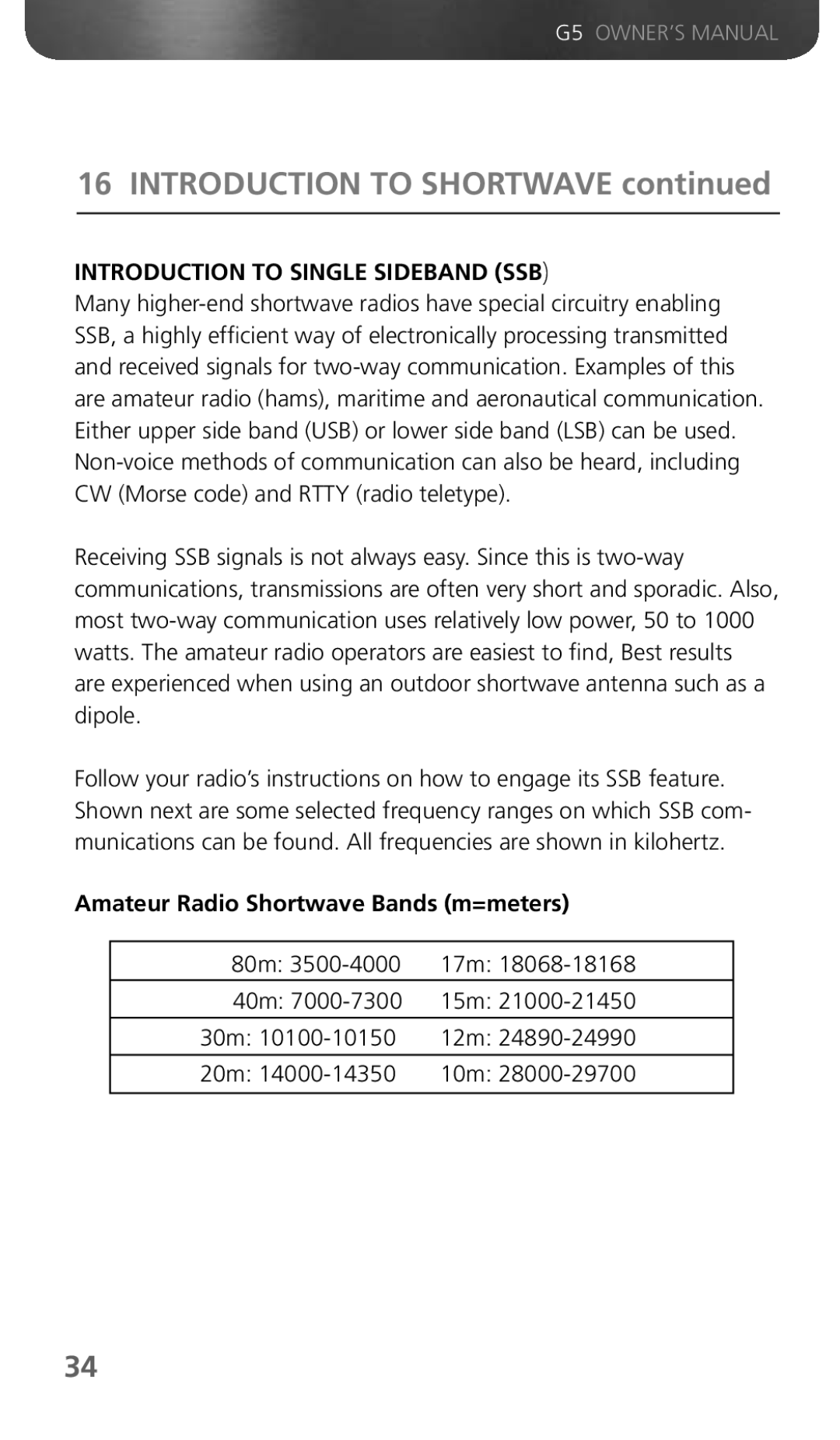 Eton G5 owner manual Introduction to Single Sideband SSB, Amateur Radio Shortwave Bands m=meters 