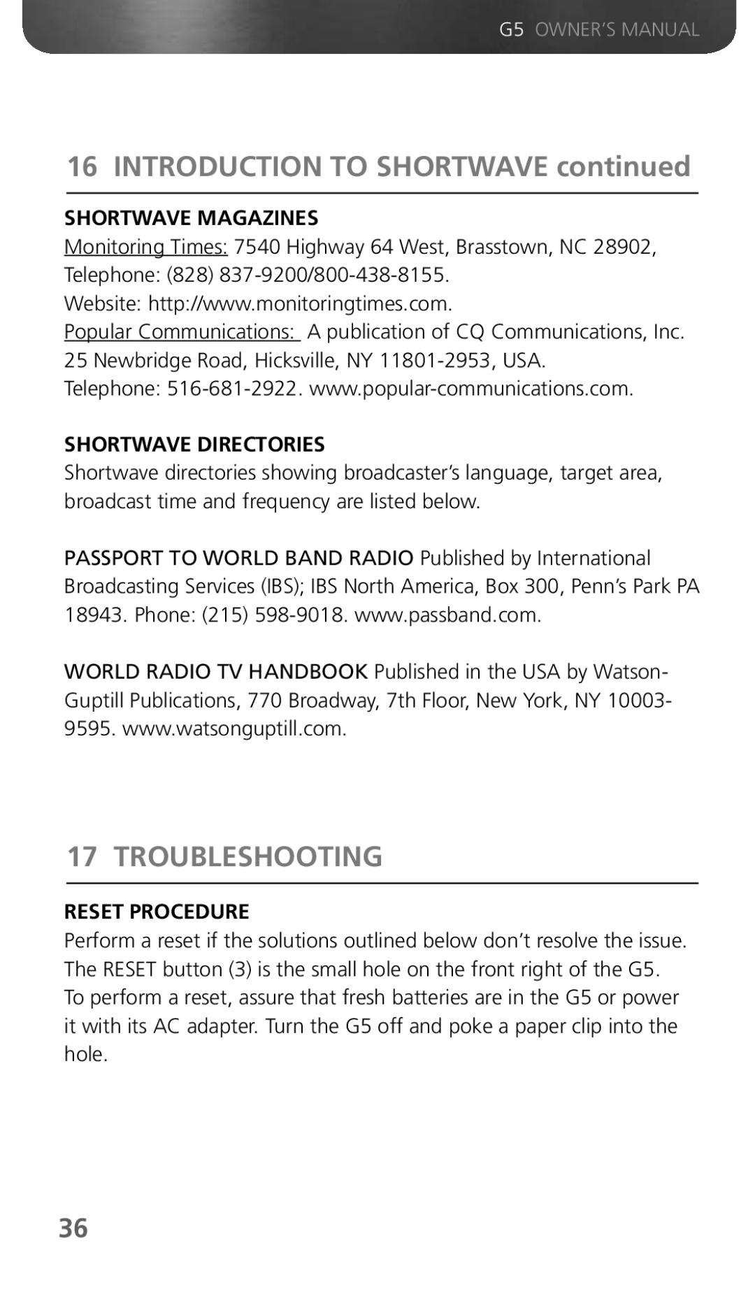 Eton G5 owner manual Troubleshooting, Shortwave Magazines, Shortwave Directories, Reset Procedure 