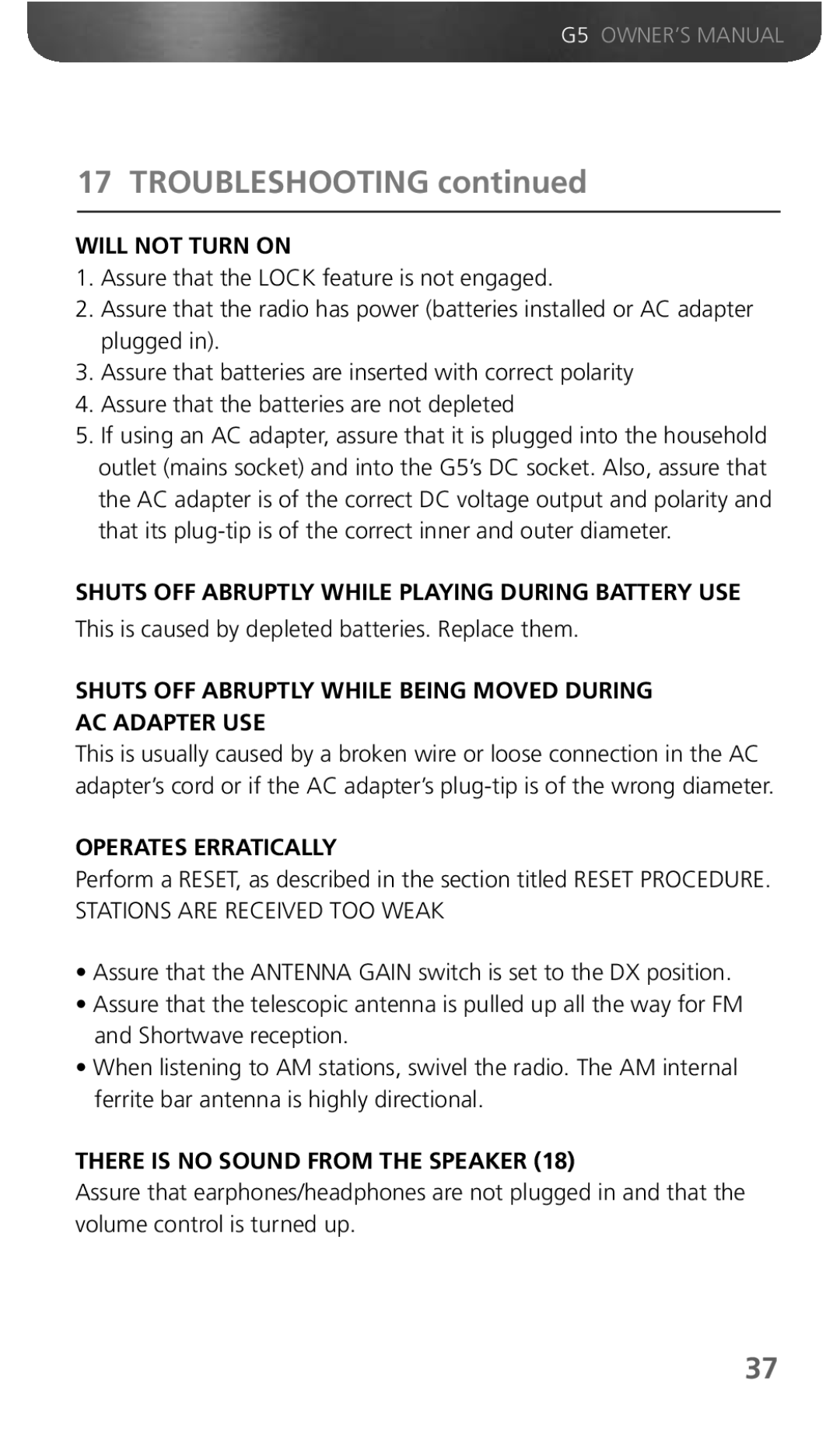 Eton G5 owner manual Troubleshooting 