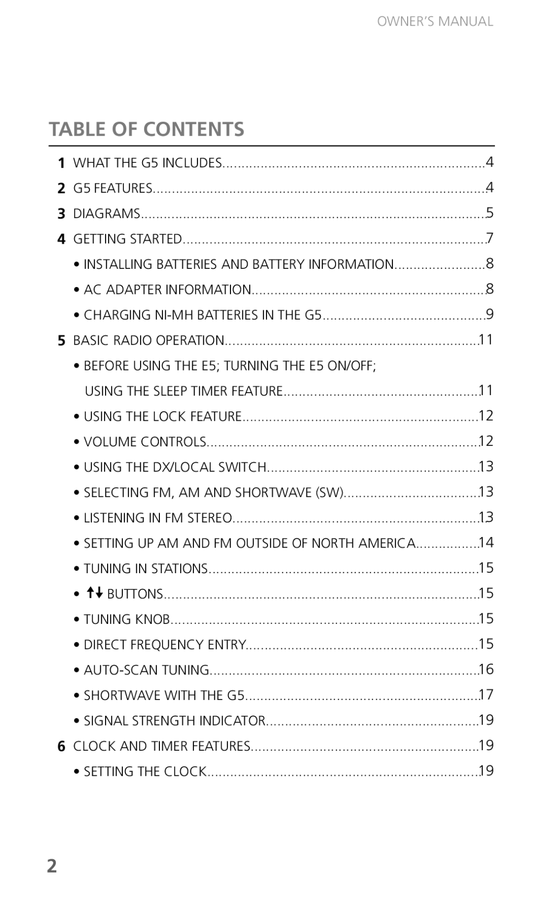 Eton G5 owner manual Table of Contents 