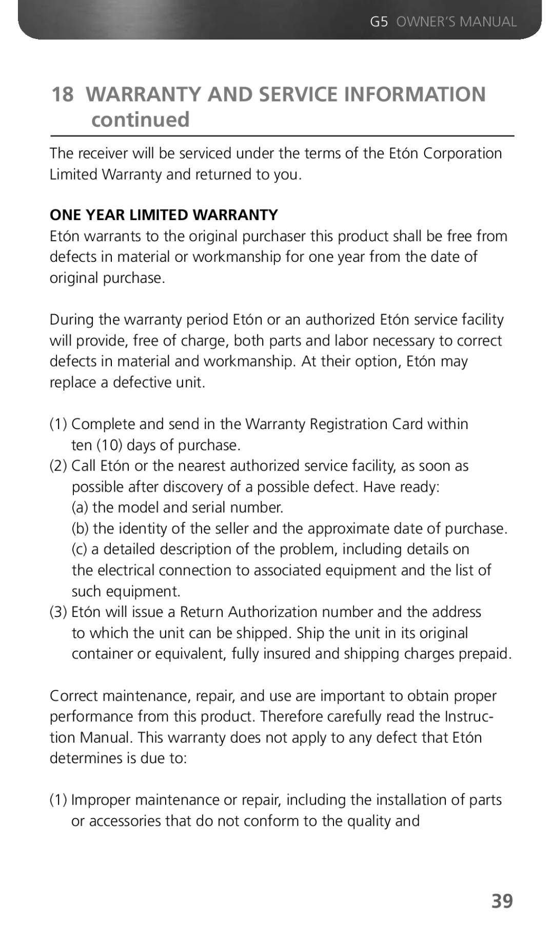 Eton G5 owner manual Warranty and Service Information, ONE Year Limited Warranty 