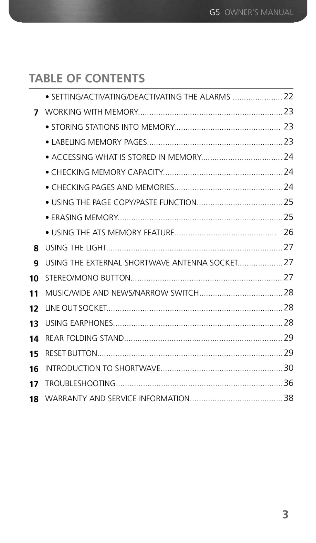 Eton G5 owner manual Table of Contents 