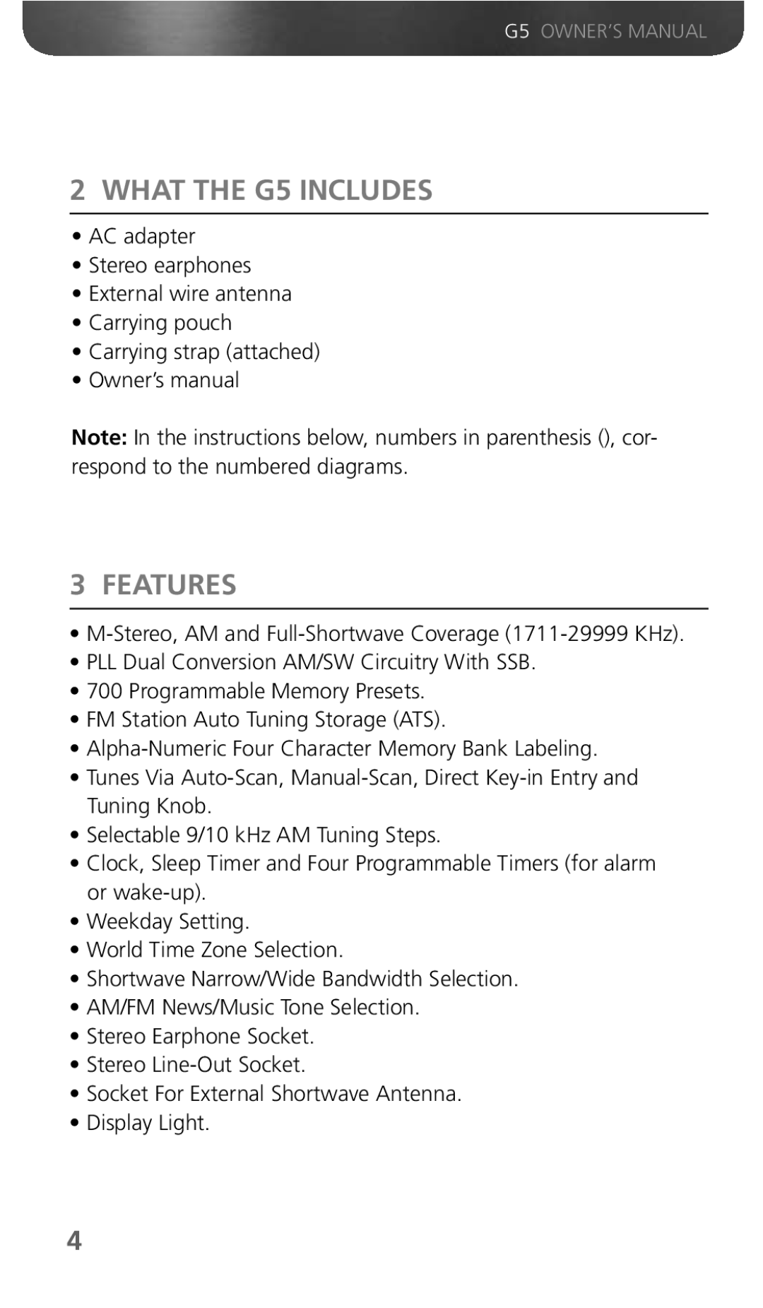 Eton owner manual What the G5 Includes, Features 