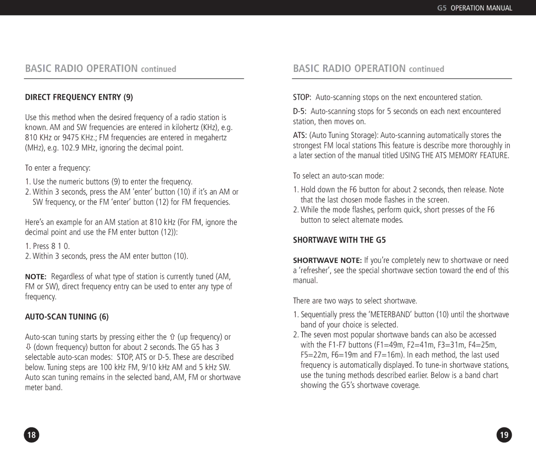 Eton operation manual Direct Frequency Entry, AUTO-SCAN Tuning, Shortwave with the G5 