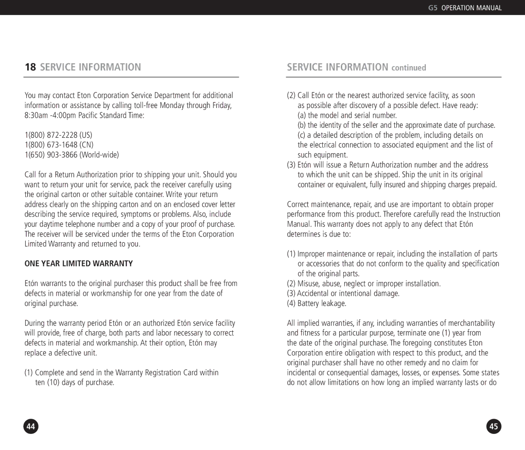 Eton G5 operation manual Service Information, ONE Year Limited Warranty 