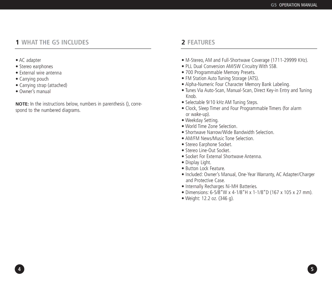 Eton operation manual What the G5 Includes, Features 