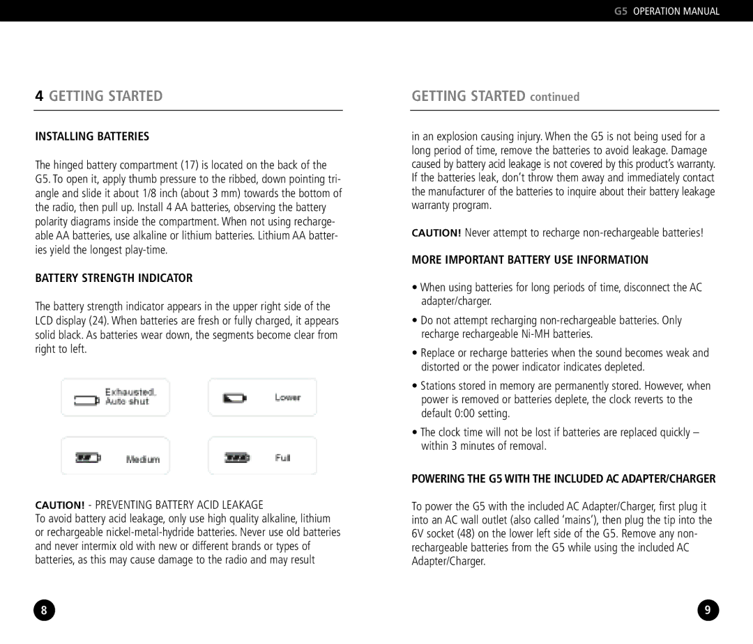 Eton G5 Getting Started, Installing Batteries, Battery Strength Indicator, More Important Battery USE Information 