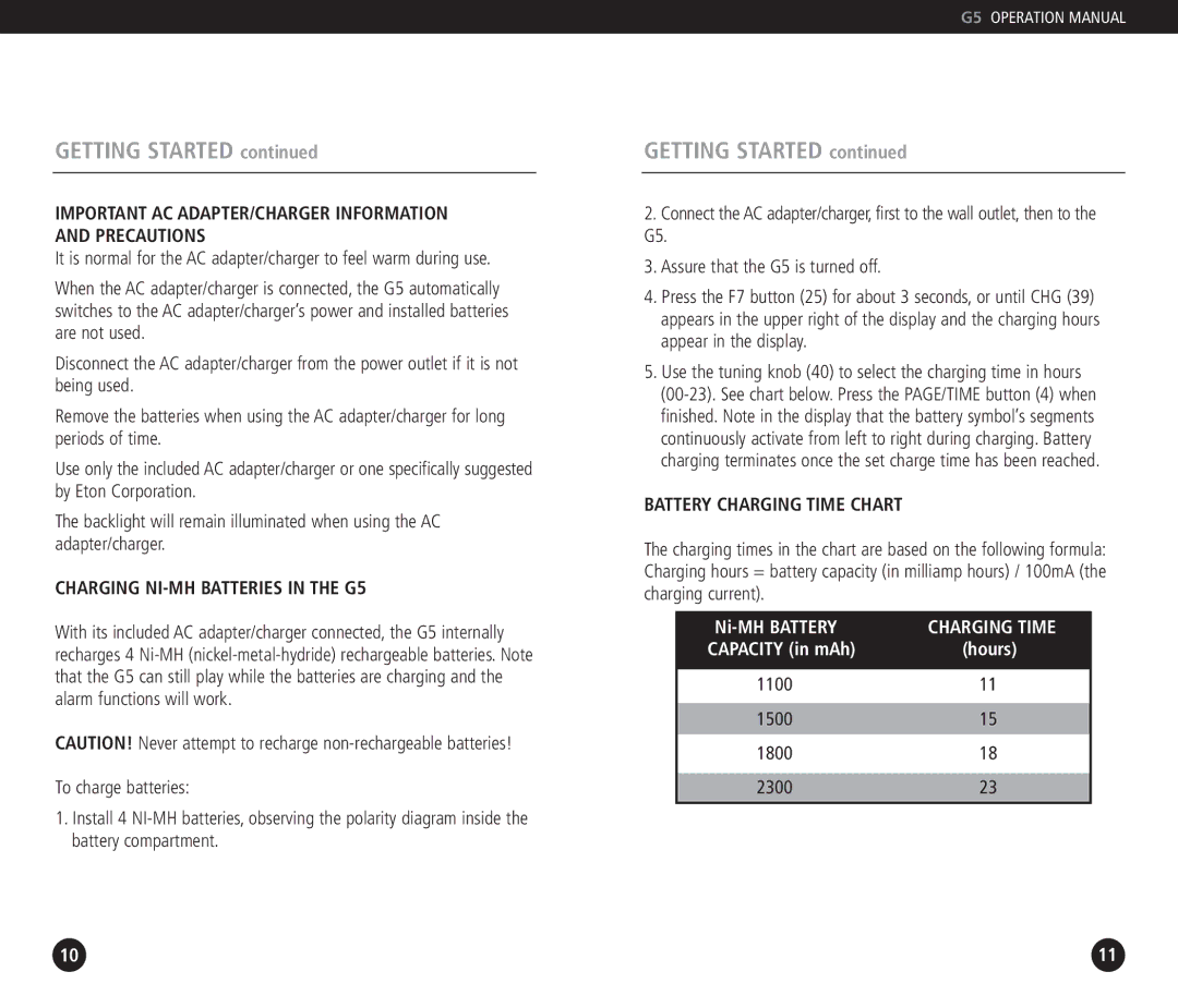 Eton operation manual Important AC ADAPTER/CHARGER Information and Precautions, Charging NI-MH Batteries in the G5 