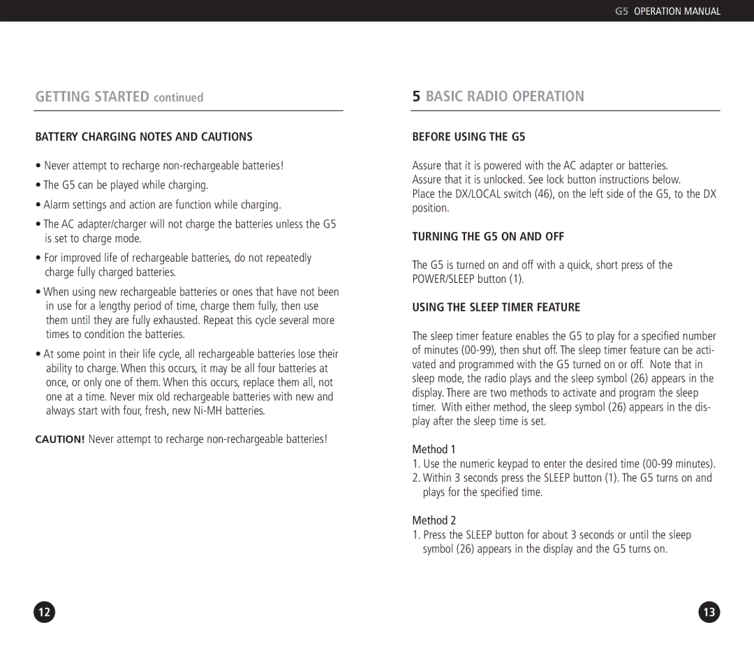 Eton Basic Radio Operation, Battery Charging Notes and Cautions, Before Using the G5, Turning the G5 on and OFF 