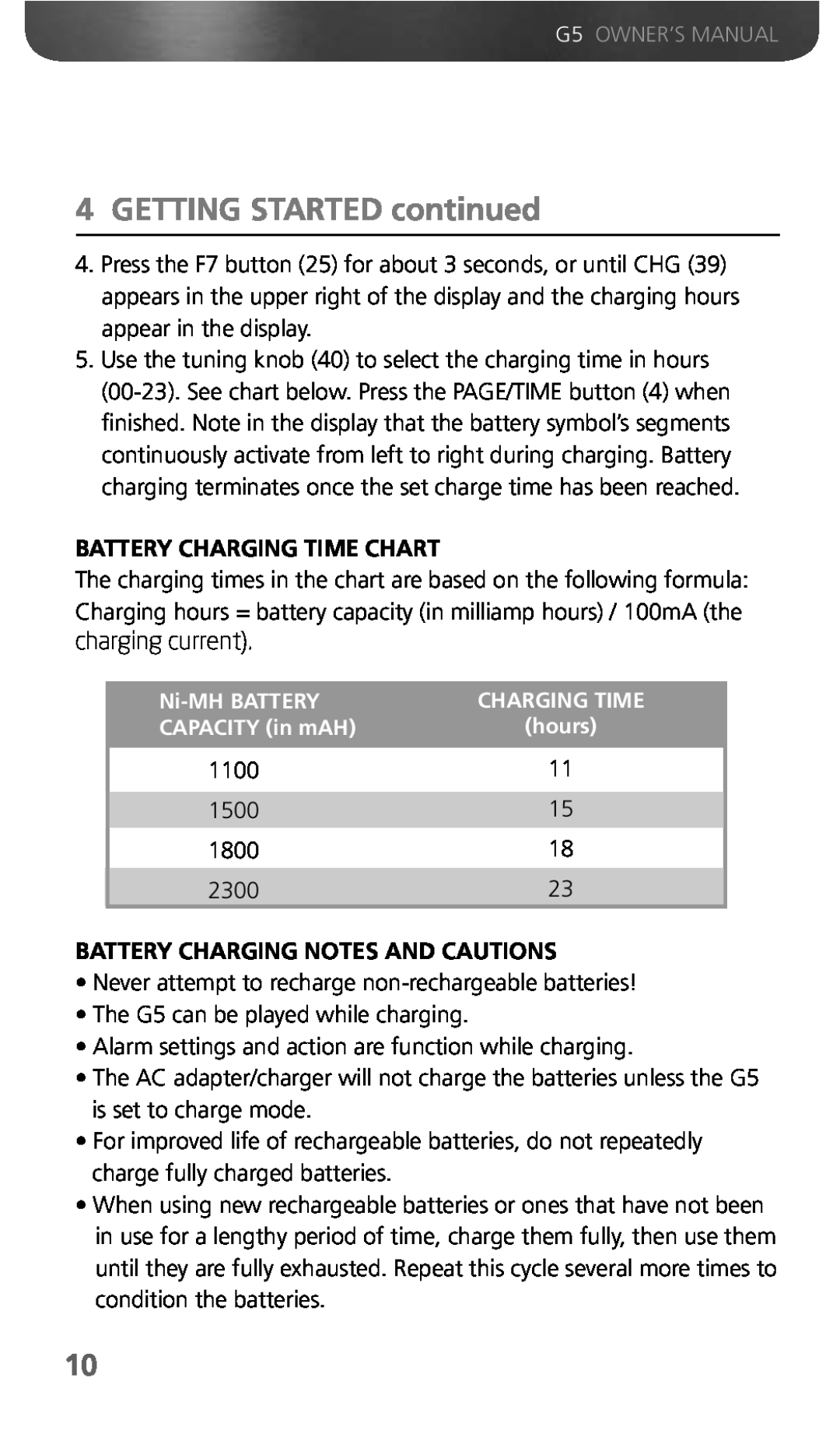 Eton G5 owner manual GETTING STARTED continued, Battery Charging Time Chart, Ni-MH BATTERY, CAPACITY in mAH 