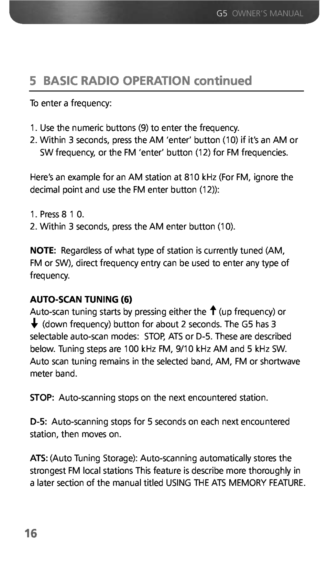 Eton owner manual BASIC RADIO OPERATION continued, G5 OWNER’S MANUAL, Auto-Scan Tuning 