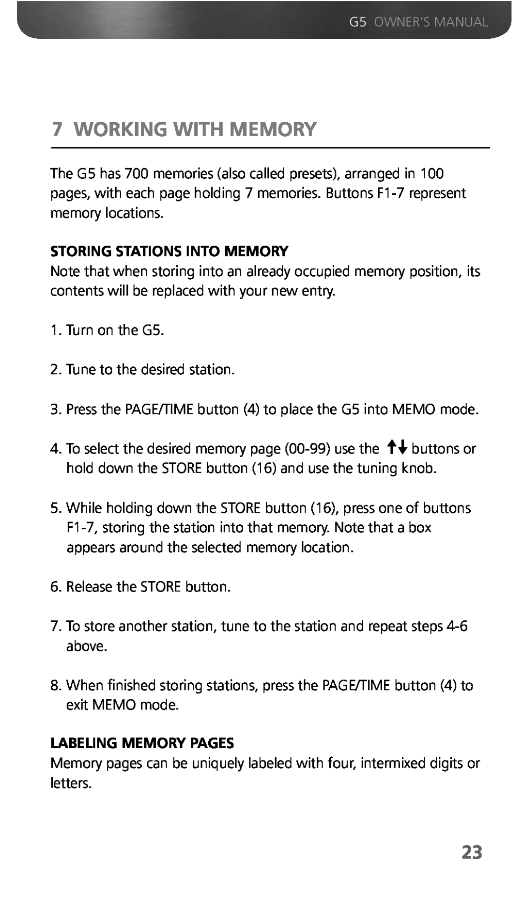 Eton G5 owner manual Working With Memory, Storing Stations Into Memory, Labeling Memory Pages 
