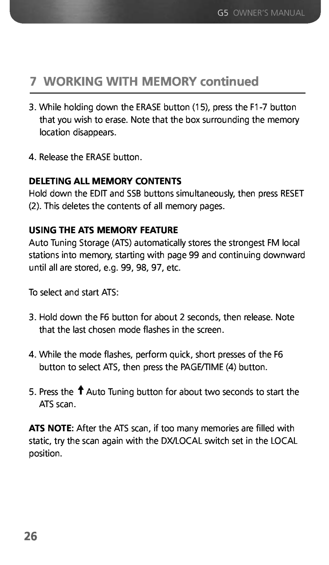 Eton G5 owner manual WORKING WITH MEMORY continued, Deleting All Memory Contents, Using The Ats Memory Feature 