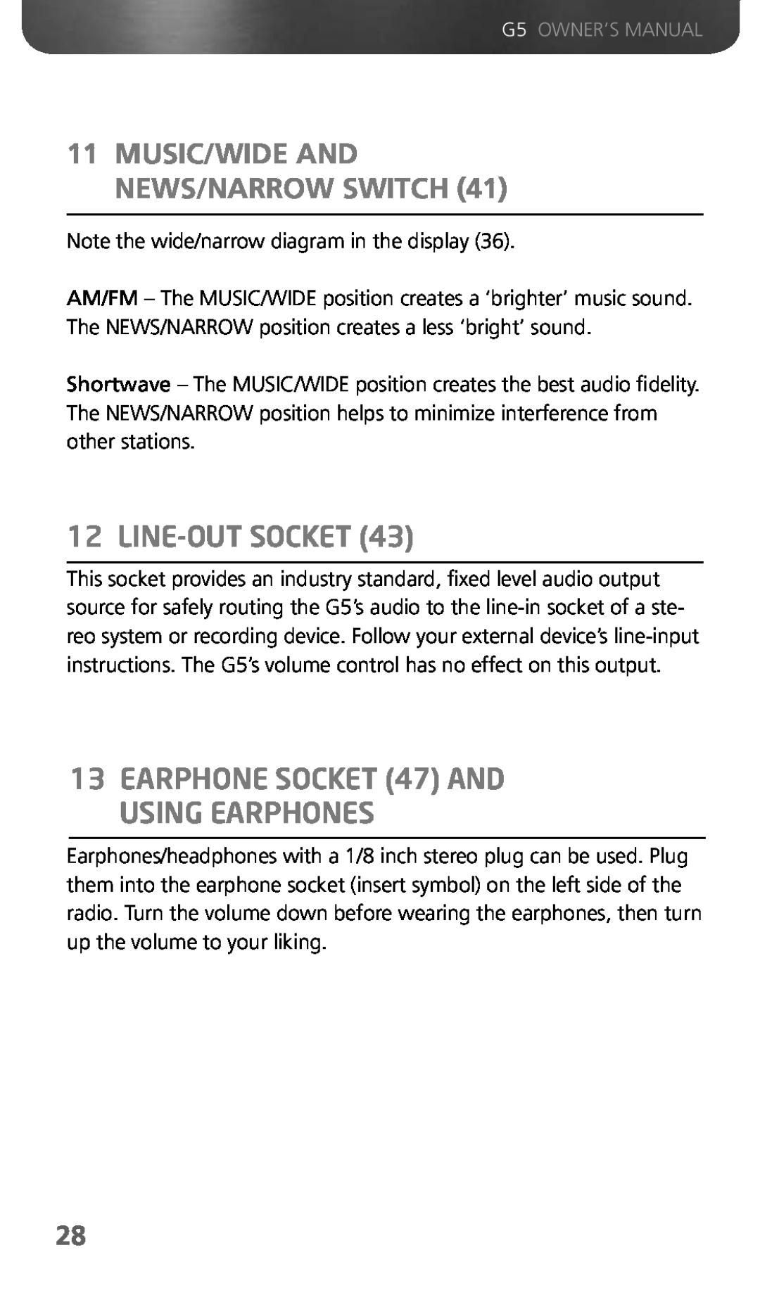 Eton G5 owner manual Line-Out Socket, EARPHONE SOCKET 47 AND USING EARPHONES, Music/Wide And News/Narrow Switch 