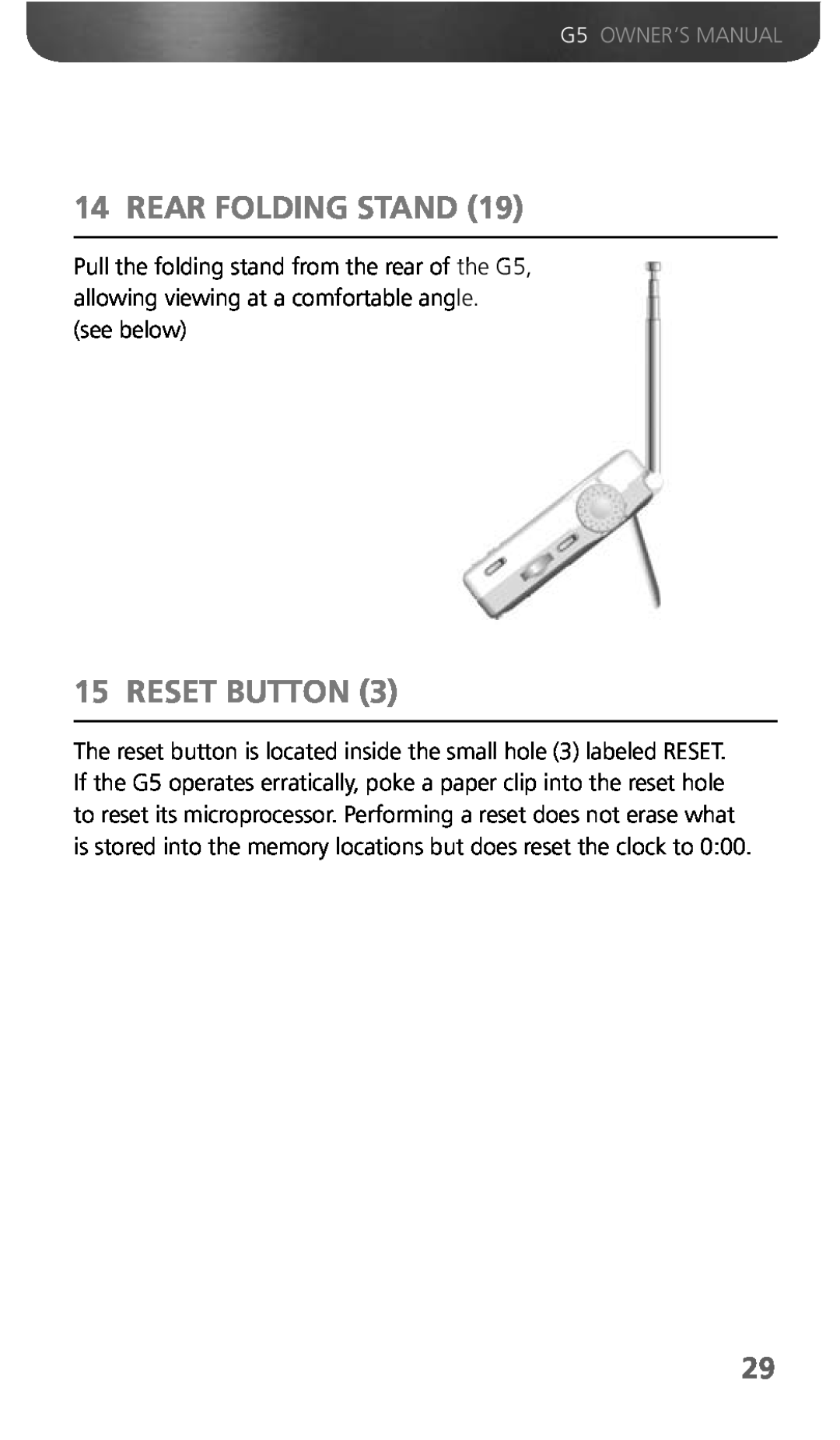Eton G5 owner manual Rear Folding Stand, Reset Button, see below 