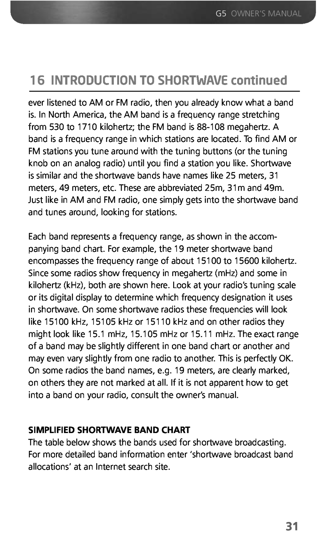 Eton G5 owner manual INTRODUCTION TO SHORTWAVE continued, Simplified Shortwave Band Chart 
