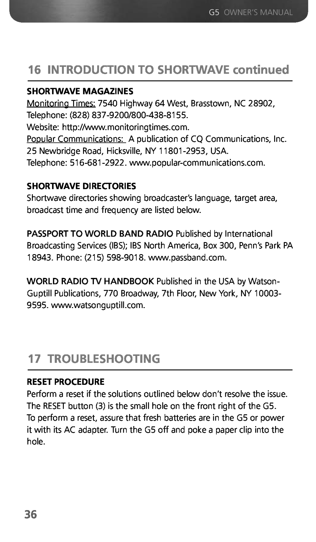Eton G5 Troubleshooting, INTRODUCTION TO SHORTWAVE continued, Shortwave Magazines, Shortwave Directories, Reset Procedure 