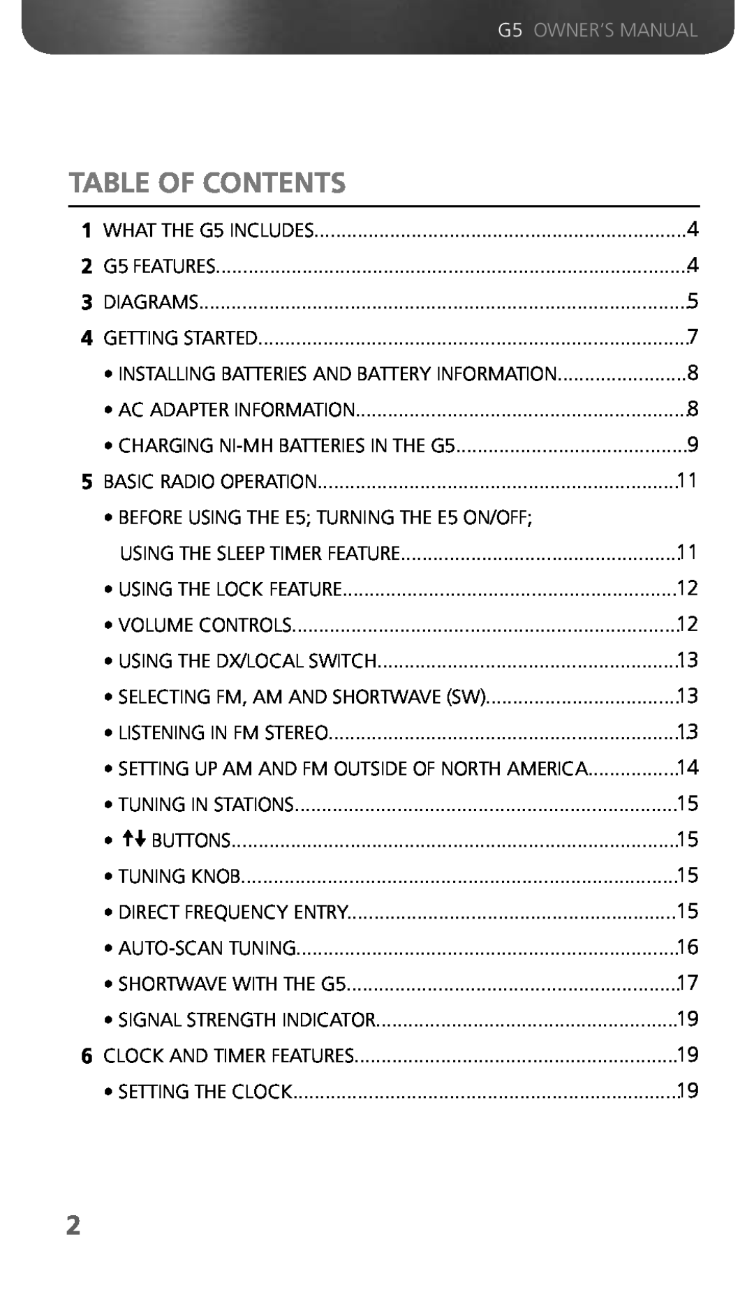 Eton G5 owner manual Table Of Contents, BEFORE USING THE E5 TURNING THE E5 ON/OFF 