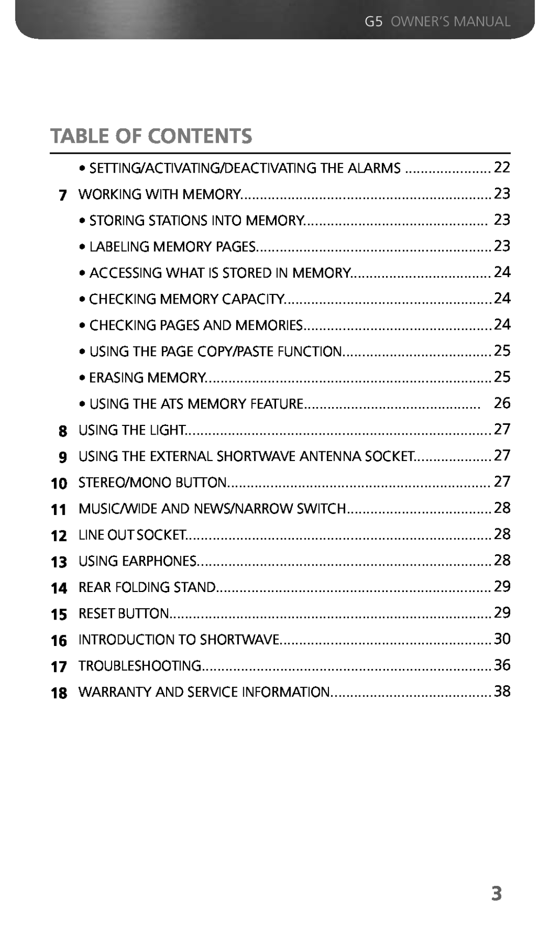 Eton G5 owner manual Table Of Contents, Setting/Activating/Deactivating The Alarms 