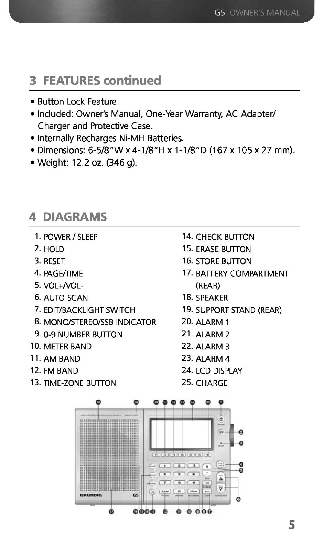 Eton G5 owner manual FEATURES continued, Diagrams 