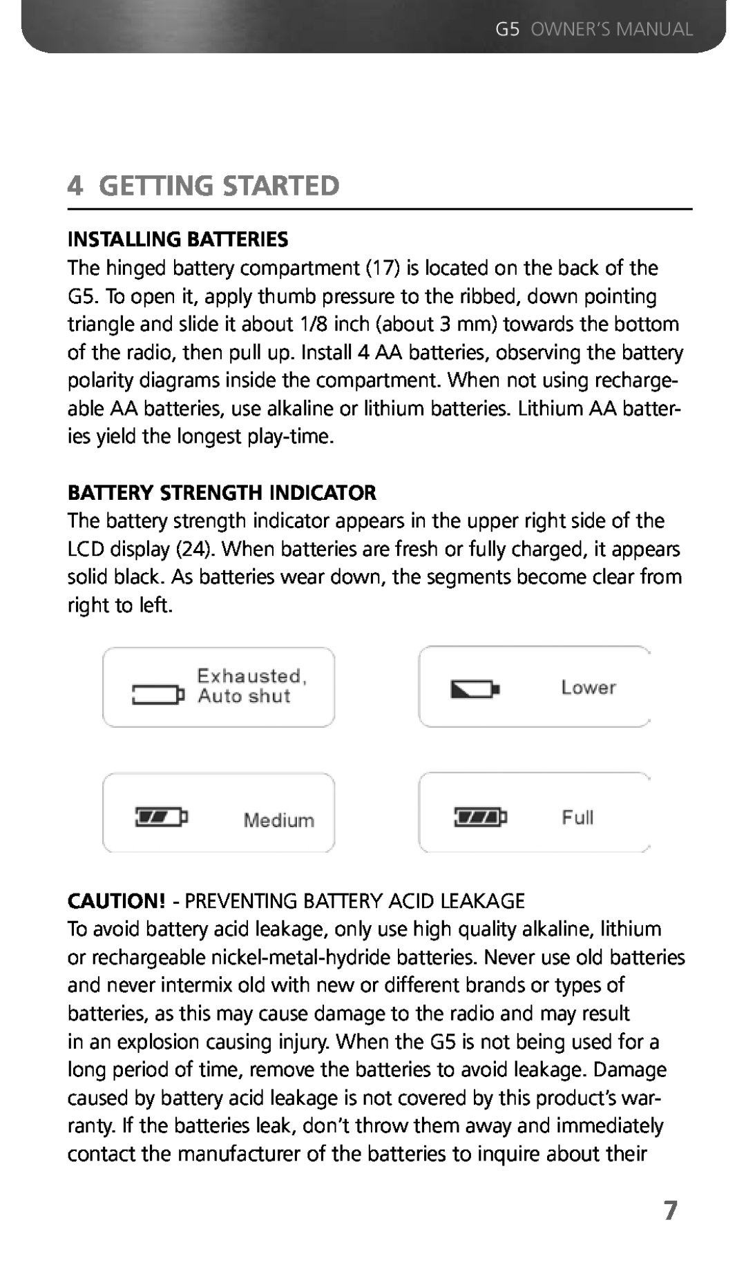 Eton G5 owner manual Getting Started, Installing Batteries, Battery Strength Indicator 