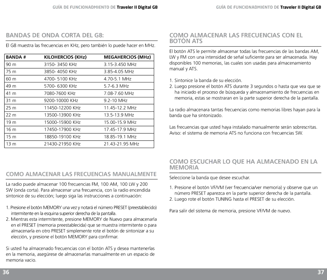 Eton owner manual Bandas de onda corta del G8, Como Almacenar LAS Frecuencias CON EL Botón ATS, Banda # 