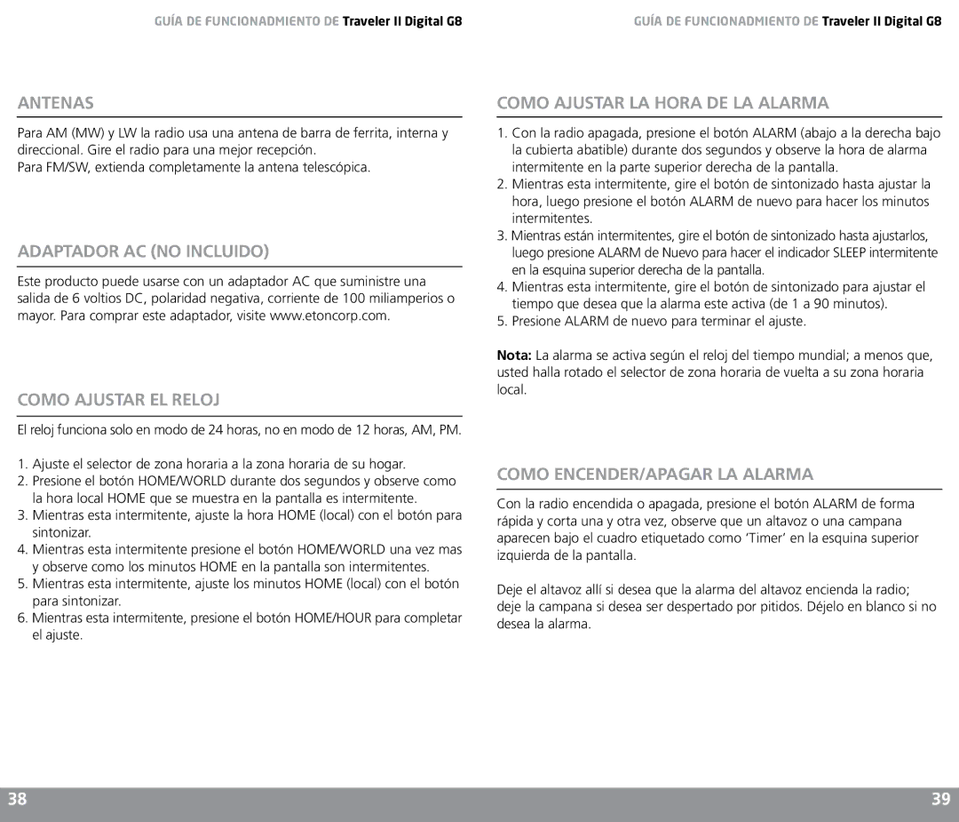 Eton G8 owner manual Antenas, Como Ajustar EL Reloj, Como Ajustar LA Hora DE LA Alarma, Como ENCENDER/APAGAR LA Alarma 