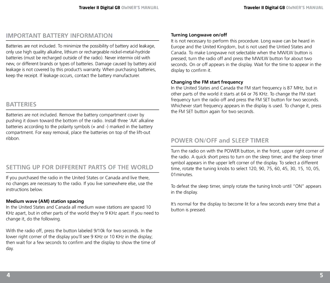 Eton G8 owner manual Important Battery Information, Batteries, Setting UP for Different Parts of the World 