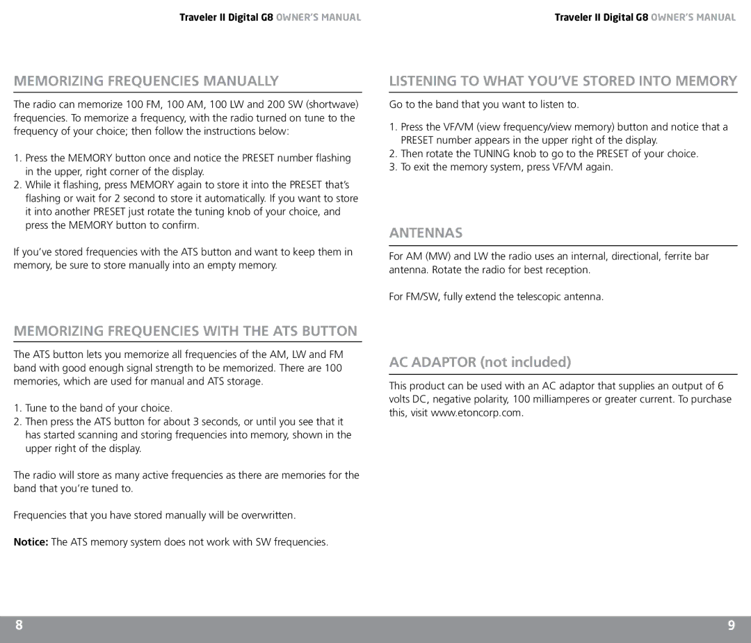 Eton G8 Memorizing Frequencies Manually, Antennas, Memorizing Frequencies with the ATS Button, AC Adaptor not included 