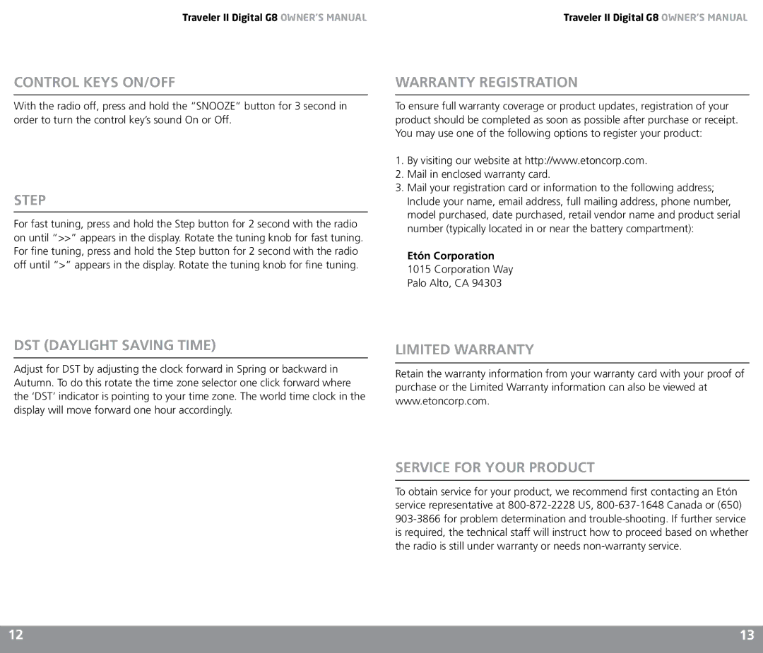 Eton G8 owner manual Control Keys ON/OFF, Step, Warranty Registration, DST Daylight Saving Time 