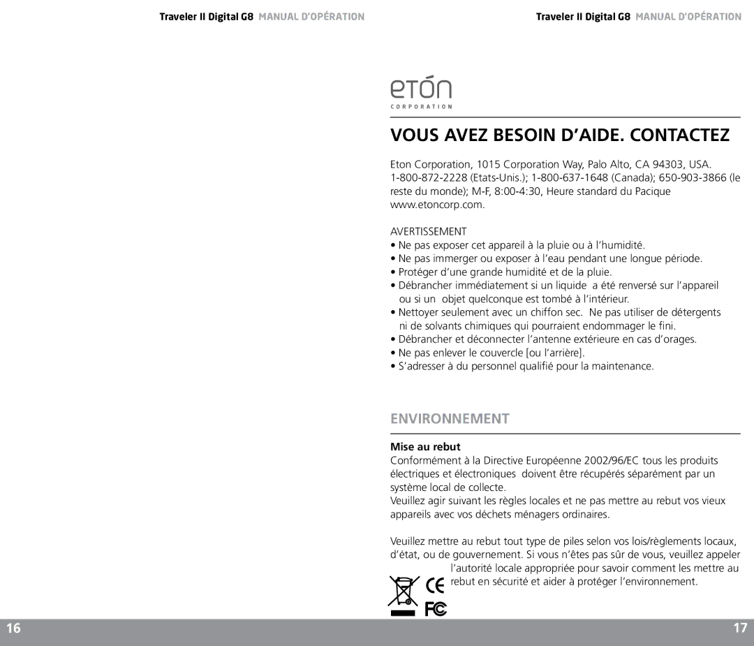 Eton G8 owner manual Environnement, Mise au rebut, Rebut en sécurité et aider à protéger l’environnement 