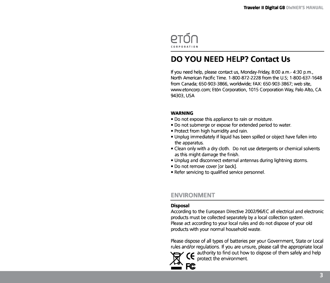 Eton G8 owner manual DO YOU NEED HELP? Contact Us, Environment, Disposal 
