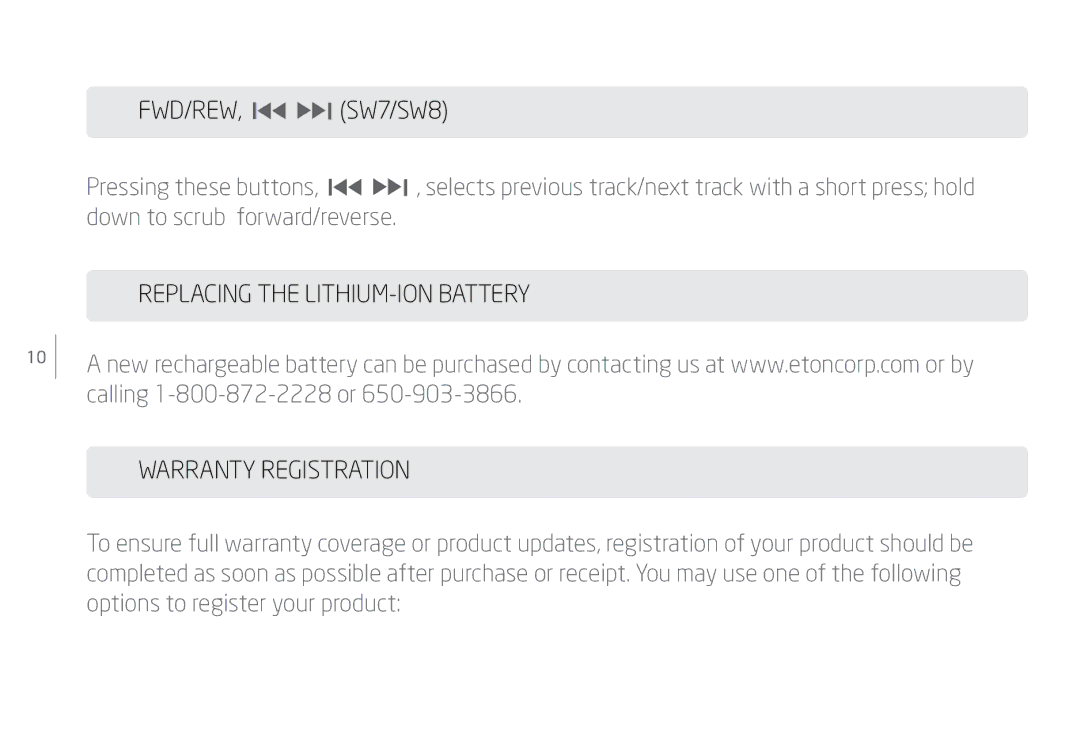 Eton IPX-4, NSP400B user manual Replacing the LITHIUM-ION Battery Warranty Registration 