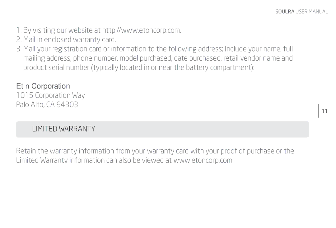 Eton NSP400B, IPX-4 user manual Mail in enclosed warranty card, Limited Warranty 