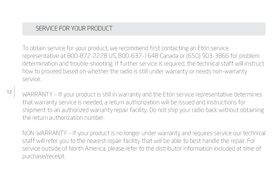 Eton IPX-4, NSP400B user manual Service for Your Product 