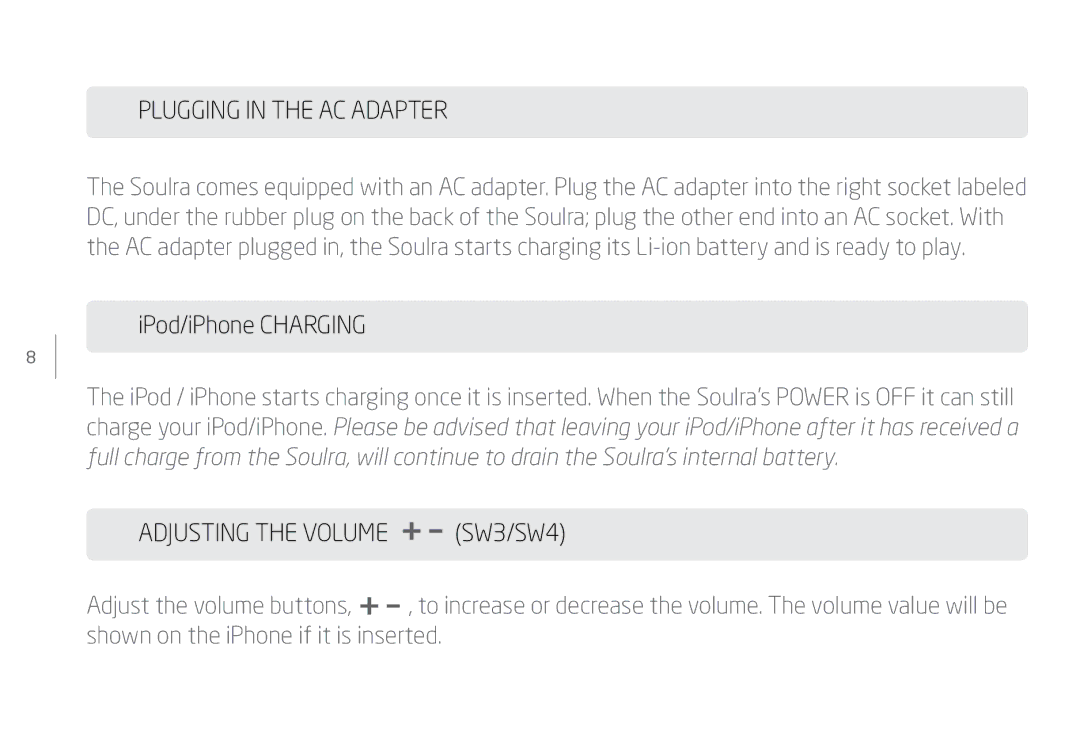 Eton IPX-4, NSP400B user manual Plugging in the AC Adapter, Adjusting the Volume SW3/SW4 