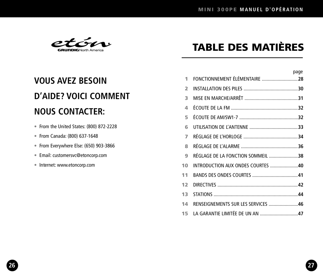 Eton Mini300PE operation manual Table DES Matières 