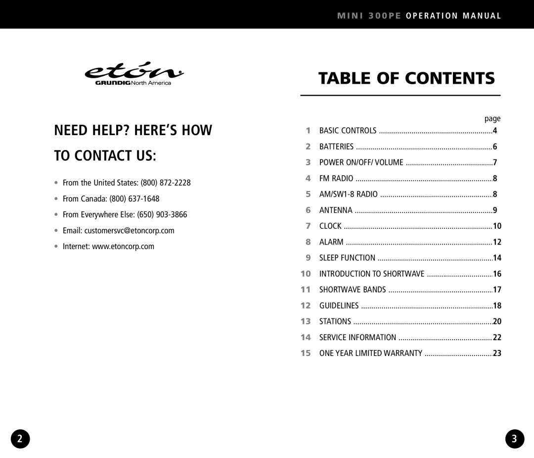 Eton Mini300PE operation manual Table of Contents 