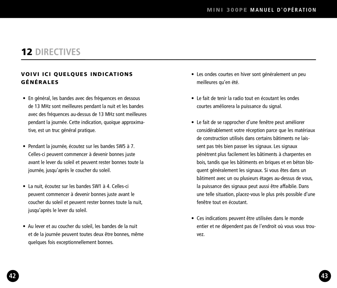 Eton Mini300PE operation manual Directives, Voivi ICI Quelques Indications Générales 