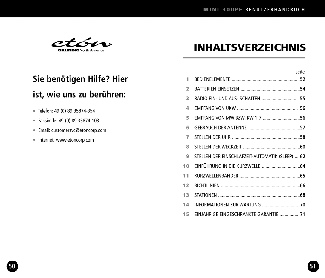 Eton Mini300PE operation manual Inhaltsverzeichnis 