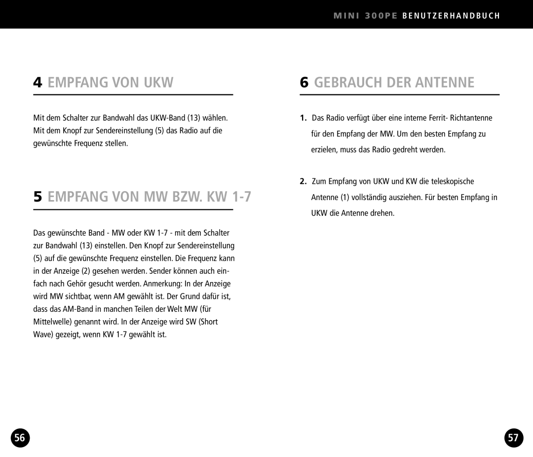 Eton Mini300PE operation manual Empfang VON UKW, Empfang VON MW BZW. KW, Gebrauch DER Antenne 