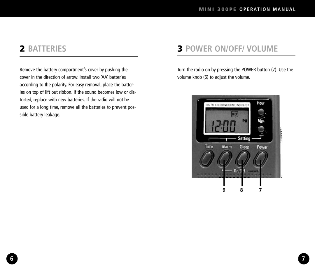 Eton Mini300PE operation manual Batteries, Power ON/OFF/ Volume 