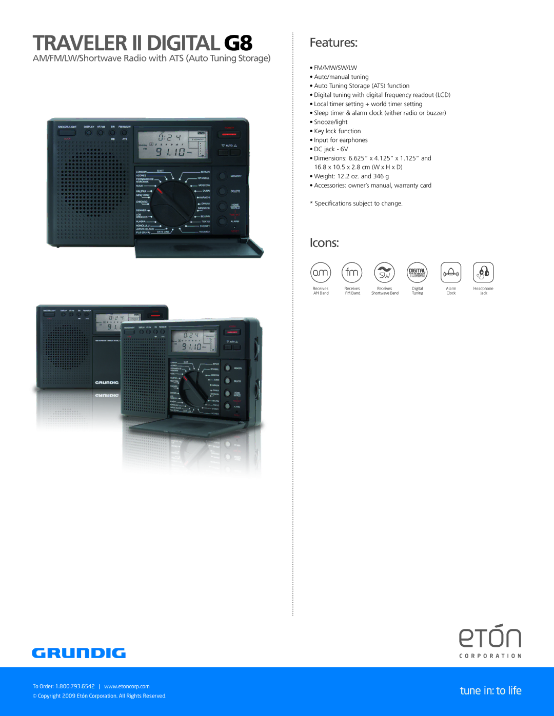 Eton dimensions Traveler II Digital G8, Features, Icons, AM/FM/LW/Shortwave Radio with ATS Auto Tuning Storage 