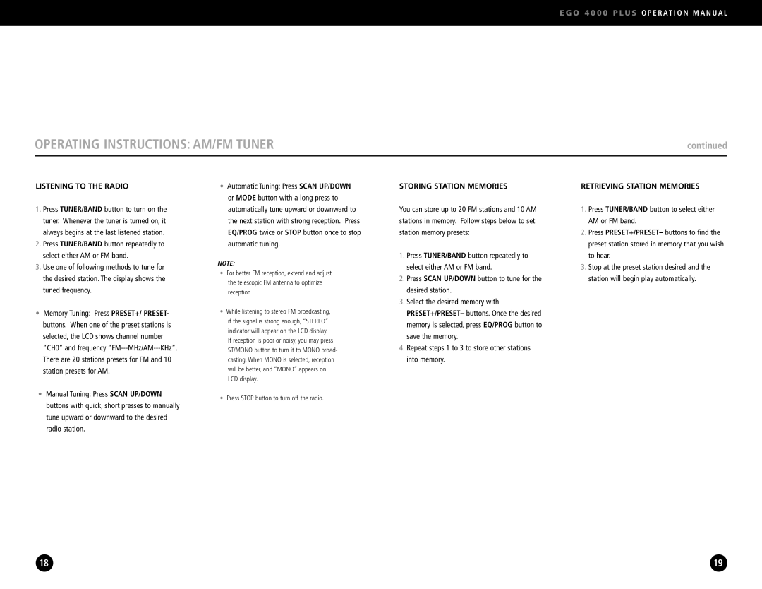 Eton S350, 4000 operation manual Operating Instructions AM/FM Tuner, Listening to the Radio, Storing Station Memories 