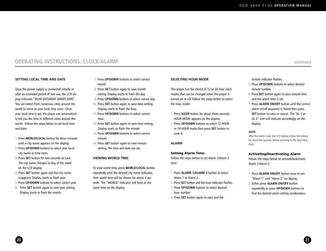 Eton 4000 Operating Instructions CLOCK/ALARM, Setting Local Time and Date, Viewing World Time, Selecting Hour Mode, Alarm 