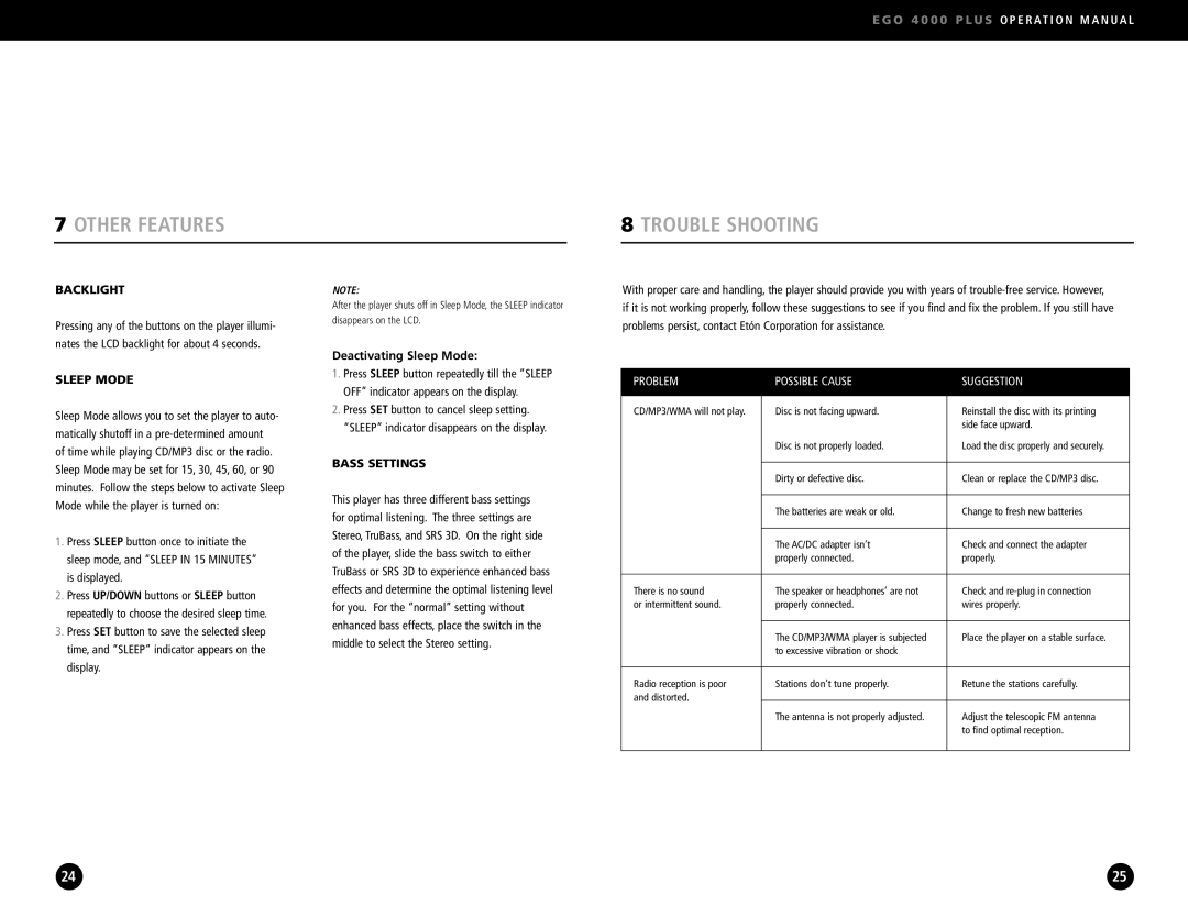 Eton 4000, S350 operation manual Other Features Trouble Shooting, Backlight, Deactivating Sleep Mode, Bass Settings 